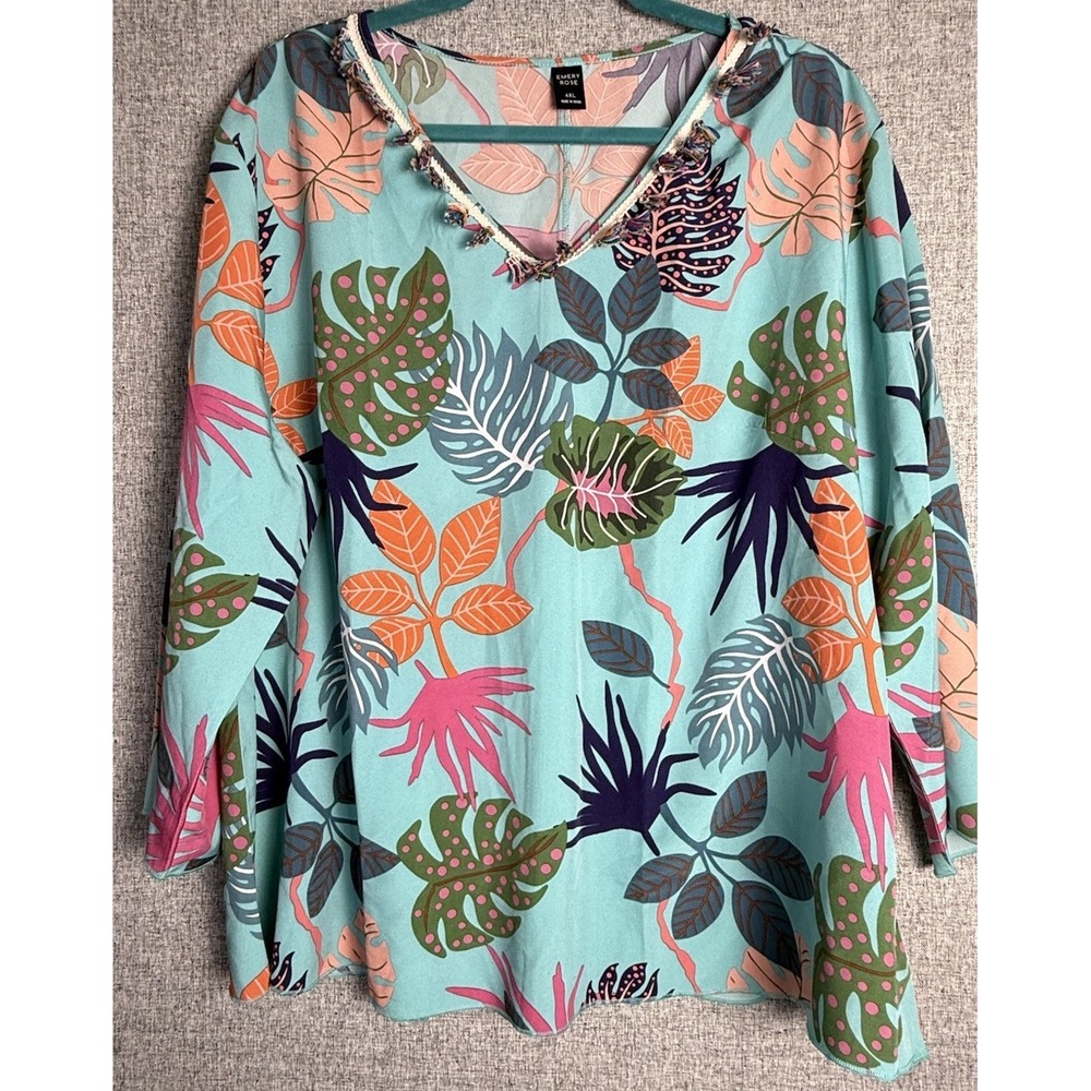 Emery Rose Floral Hawaiian Blue Pink Green Fringe V Neck Bell Sleeve Top 4XL